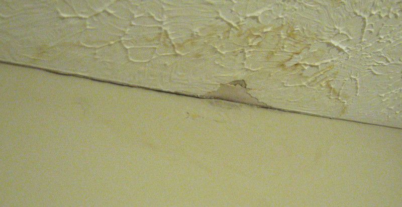 roof leak on ceiling with circular stain in corner by exterior wall